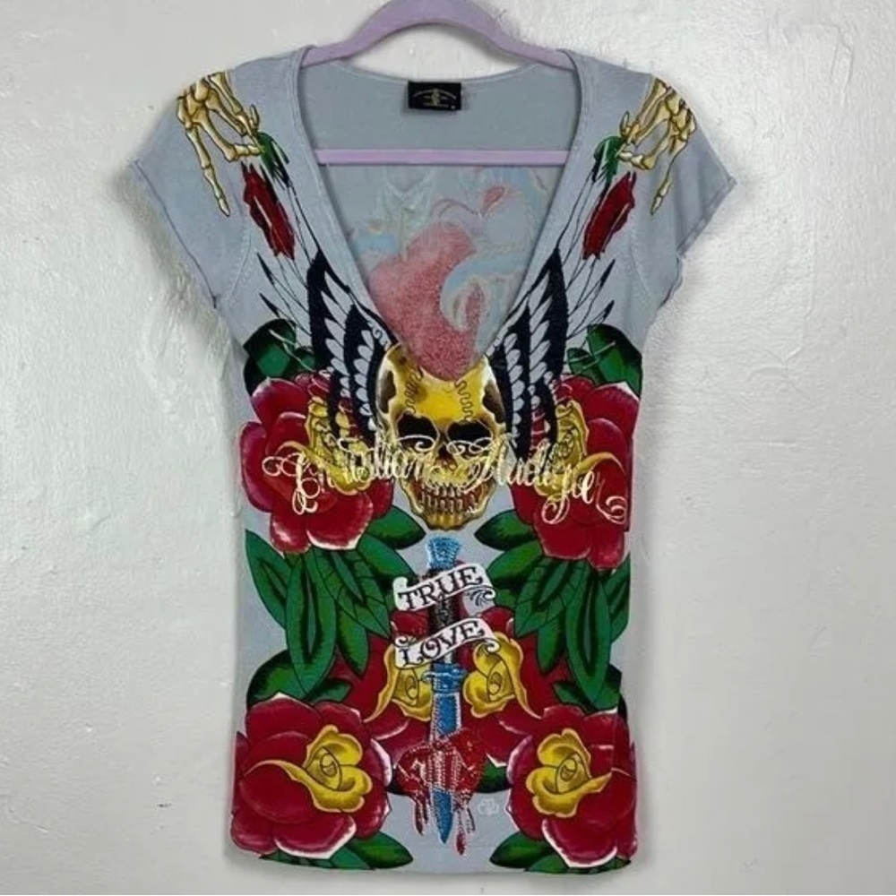 Christian Audigier grey top women’s size medium